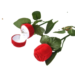 Elegant red rose flower velvet ring box showing opened and closed views with green stem