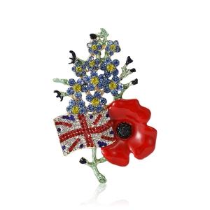 British flag poppy flower brooch with sparkling crystals and red enamel on white background
