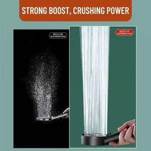 Matte black high-pressure handheld shower head showing powerful spray contrast versus regular