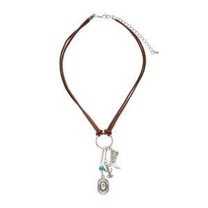 Western style double-layer necklace with cactus pendant, cowboy boots and turquoise beads