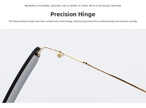 Close-up of precision metal hinges and gold-tone joints on rimless sunglasses