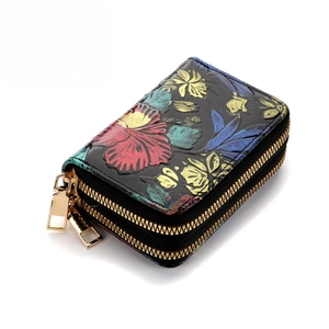 Portefeuille RFID noir pour femme avec motif floral, double fermeture et grande capacité