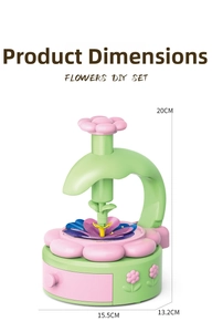 Detailed 3D diagram showing dimensions of the DIY floral craft machine and bouquet set