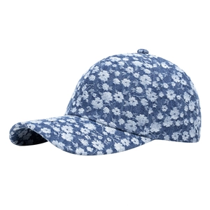 Denim baseball cap for women with white floral pattern and curved brim in light blue