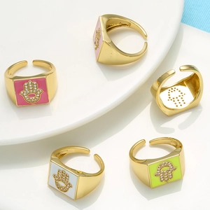 Western Gold Plated Square Hamsa Hand Enamel Ring For Women Colorful Zirconia Inlaid Adjustable Open Copper Finger Ring Jewelry