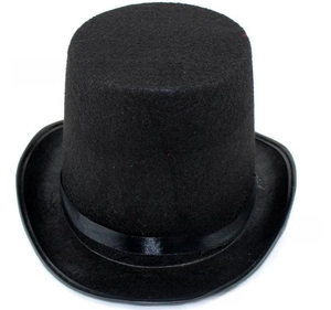Detailed close-up of a black felt top hat featuring a sleek satin ribbon band