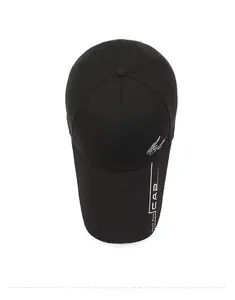 Top view of black canvas baseball cap with white Sport Style printed lettering