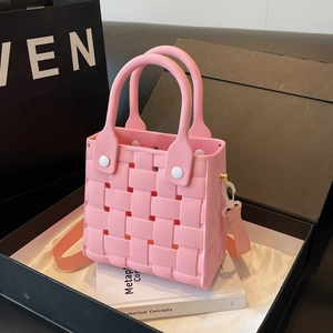 Pink EVA woven texture handbag with top handles and adjustable strap for beach beachwear