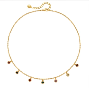 Close-up of geometric water drop necklace with seven colorful zircon stones in gold