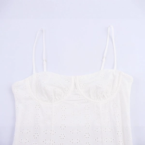 White lace embroidery corset midi dress with adjustable straps and cutout details