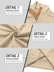 Detail view of quilted grid fabric texture and snap-button neckline on casual pullover sweater