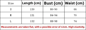 Detailed size chart for women's printed pleated maxi dress showing S, M, L dimensions