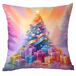 Détail de l'imprimé sapin de Noël arc-en-ciel sur une housse de coussin en velours doux