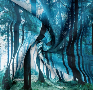 Detail of soft forest landscape tapestry with deep blue fabric folds and high texture quality