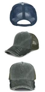 Vistas detalladas de gorras trucker de algodón lavado con visera desgastada y malla