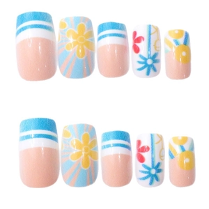 Short square press-on nails featuring Hawaiian floral patterns and blue stripes