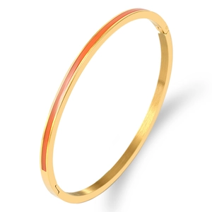 Close-up of 3mm gold titanium steel hinge bangle featuring high-quality orange enamel inlay