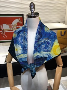 Detail of artistic Van Gogh Starry Night print on premium twill square scarf wrap