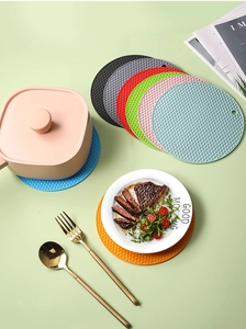 Close-up of colorful round silicone honeycomb heat resistant pads for kitchen dining table