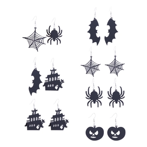 Halloween black acrylic earrings collection featuring spider web, bat and ghost designs