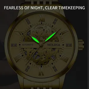 Gold automatic mechanical watch with skeleton dial and luminous hands for men