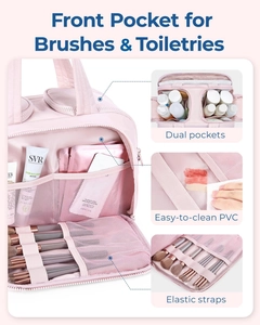Pink travel toiletry bag detail showing front pocket for brushes and easy-to-clean PVC