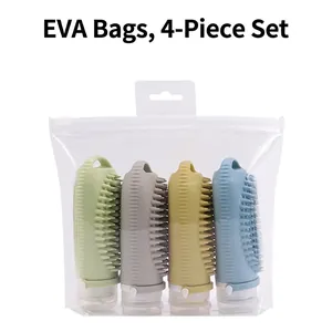 4-pack silicone travel bottles with massage brush heads in a waterproof EVA zipper bag