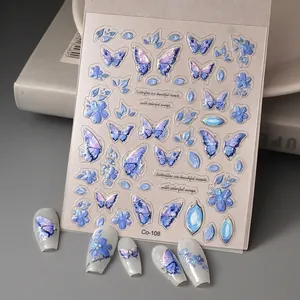 5D Geprägte Nailart Aufkleber Schmetterling Blume Blau Lila Verlauf Relief DIY Maniküre Dekor Wasserdicht