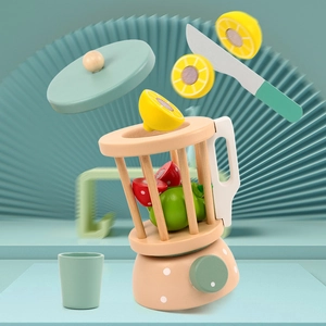 Wooden kids play kitchen juicer blender toy set with sliced fruits in mint green