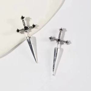 Gothic silver sword stud earrings for women featuring black crystal dagger design