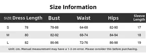 Detailed size chart for bodycon dress showing bust, waist, hips and length in cm