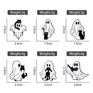 Cartoon Halloween enamel pin set featuring cute white ghost and black cat designs