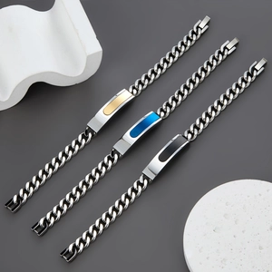 Hip-hop style Cuban chain bracelets for men in silver with gold, blue, and black plate details