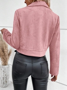 Rear view of a slim pink suede cropped jacket for women featuring a minimalist lapel collar