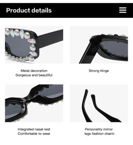 Detail view of square sunglasses featuring rhinestone accents and pearl frame decorations