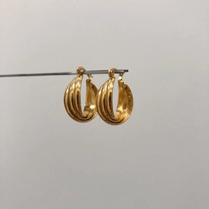 Boucles d'oreilles créoles épaisses à trois couches en acier doré 18K pour femme chic