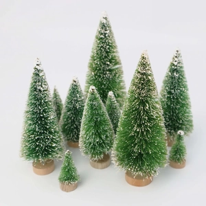 Miniature sisal Christmas trees set with snow effect and wooden bases in various sizes
