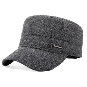 Men's winter thick dark grey tweed cadet cap with ear protection and metal logo