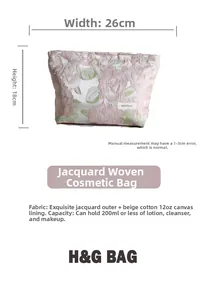 Détails de la trousse de toilette en jacquard fleuri avec dimensions 26x18cm et doublure