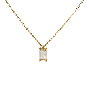 Detail of square zircon pendant set in 18K gold plated stainless steel geometry necklace