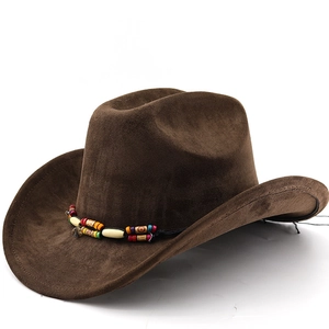 Western Cowboy Hat Suede Polyester Curved Brim Ethnic Colorful Beaded Band Outdoor Travel Sun Protection For Men Women