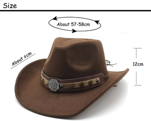 Detail showing wool felt cowboy hat dimensions 57-58cm with star metal studs