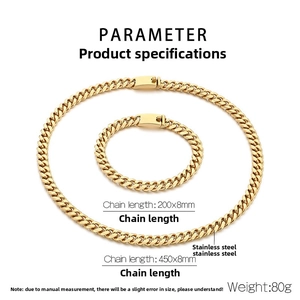 Detail view of 8mm gold stainless steel Cuban chain necklace and bracelet dimensions