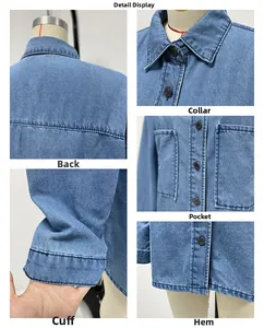 Detailed views of a blue denim shirt featuring heavy-duty stitching and cargo pockets