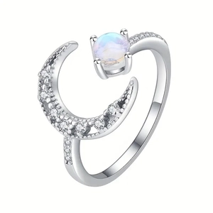 Minimalist silver moon ring with sparkling zircon and iridescent moonstone gem