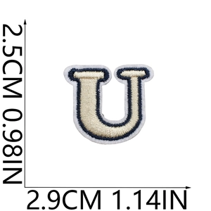 Detail of small ivory embroidered letter U patch with navy border and size measurements