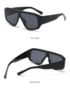 Detailed views of black oversized flat top sunglasses at 45-degree and back angles
