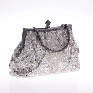 Elegante borsa da sera vintage argento con perline, paillettes e manico in metallo