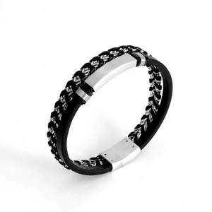 Men's multilayer braided black leather bracelet with silver stainless steel magnetic clasp