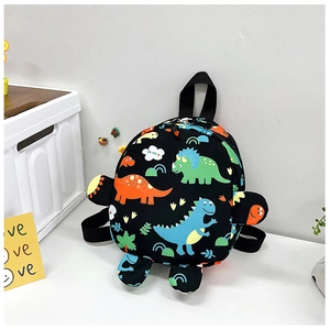 Detail of 3D cartoon dinosaur backpack with colorful prints and立体 limbs for kids